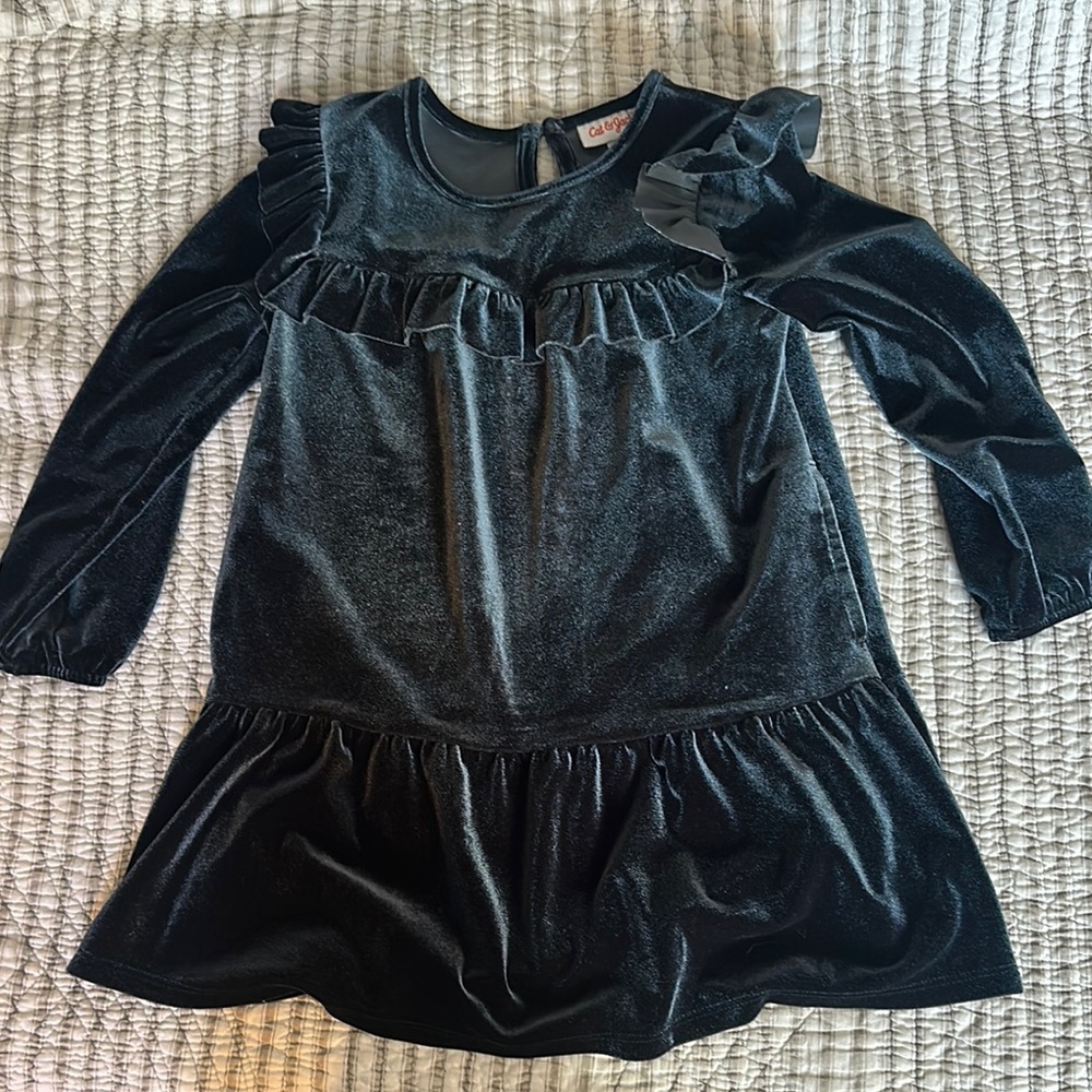 Girls Black Velvet Dress with Ruffle Details